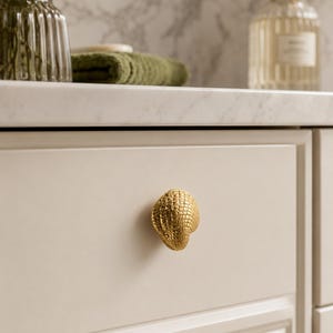 May include: A gold-colored cabinet knob shaped like a textured seashell, mounted on a smooth, light-colored drawer front. The knob features a detailed, grid-like pattern across its surface, providing a metallic finish that contrasts with the flat, neutral-toned cabinetry.