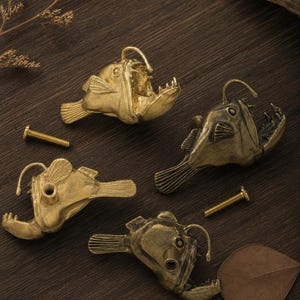 Solid Brass Anglerfish Cabinet Knob, Nautical Fish Drawer Pull, Coastal Handle
