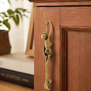 Handmade Brass Monkey Cabinet Pull, Reaching Tree Branch Drawer Handle, Antique Finish Furniture Hardware