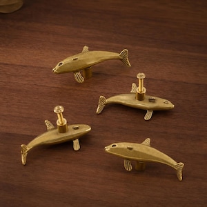 Brass Dolphin Cabinet Knob, Coastal Animal Drawer Pull, Single Hole Furniture Hardware