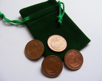 Four Original Irish Lucky One Penny Coins In A Green Velvet Pouch Ireland