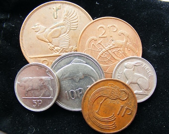 6 Authentic Irish Animal Coins In A Plush Velvet Pouch - Mix Of Decimal And Pre Decimal Ireland