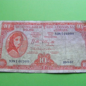 Irische 1957 Zehn-Schilling-Banknote Lady Lavery alte Irland 10 Note Papiergeld-Währung KAREN Zahlbar In Sterling In London Ausgabe