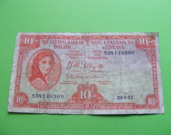 Irish 1957 Ten Shilling Banknote Lady Lavery Old Ireland 10 Note Paper Money Currency SCARCE Payable In Sterling In London Issue