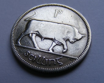 1935 Irish Silver Polished One Shilling Coin Old Ireland 1s Charging Bull