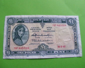 1962 Irish One Pound Banknote Ireland Lady Lavery Old 1 Note Paper Money Currency