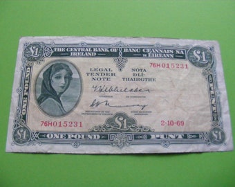 Ireland 1969 One Pound Banknote Lady Lavery Old Irish 1 Note Paper Money Currency