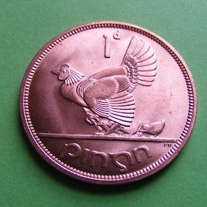 May include: A copper-coloured Irish 1 penny coin featuring a hen and chicks with the word "Pionna" in Irish Gaelic script.