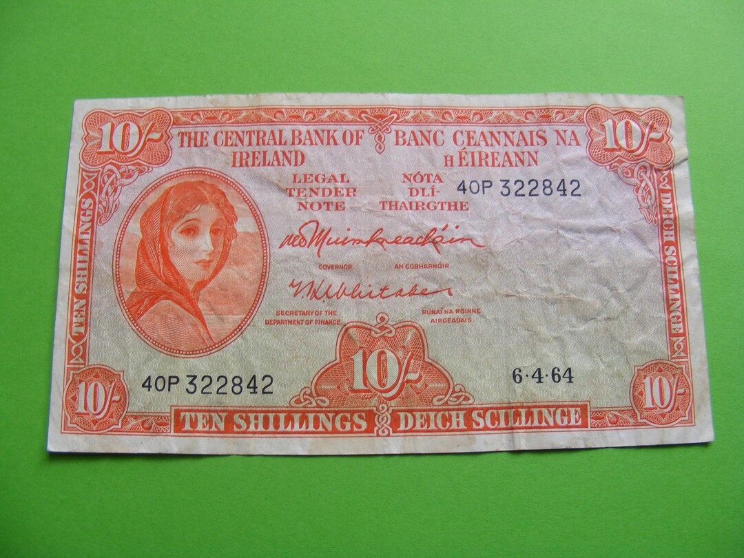 Irish 1964 Ten Shilling Banknote Lady Lavery Old Ireland 10 Note Paper ...