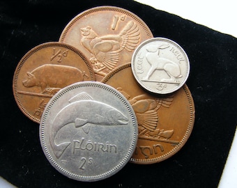 Gift Bag Of 5 Authentic Irish Pre Decimal Animal Coins In A Plush Velvet Pouch 1928 - 1968