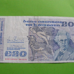 1991 Irish Twenty Pound Banknote Old Vintage Irland 20 Papiergeld Note WB Yeats