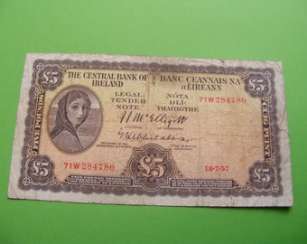 1957 Irish Five Pound Banknote Irish Lady Lavery Old 5 Note Paper Money Currency Scarce Year Payable On Demand In London Issue