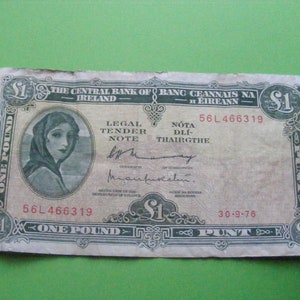 1976 Irish One Pound Banknote Lady Lavery Old Irland 1 Note Papiergeld Währung