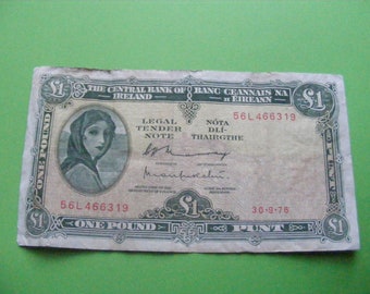 1976 Irish One Pound Banknote Lady Lavery Old Ireland 1 Note Paper Money Currency