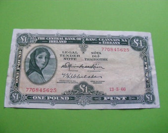 Irish 1966 One Pound Banknote Lady Lavery Old Ireland 1 Note Paper Money Currency