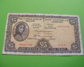 1972 Irish Five Pound Banknote Irish Lady Lavery Old 5 Note Paper Money Currency