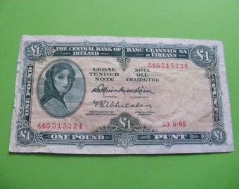 1965 Irish One Pound Banknote Lady Lavery Old Ireland 1 Note Paper Money Currency