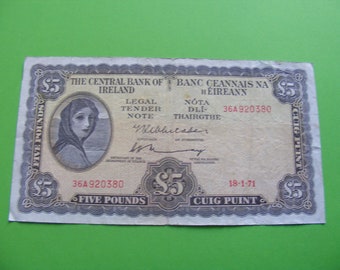 1971 Irish Five Pound Banknote Irish Lady Lavery Old 5 Note Paper Money Currency