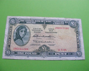 1964 Irish One Pound Banknote Lady Lavery Old Ireland 1 Note Paper Money Currency