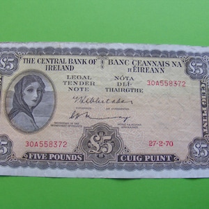 1970 Irish Five Pound Banknote Irish Lady Lavery alte 5 Note Papiergeld Währung