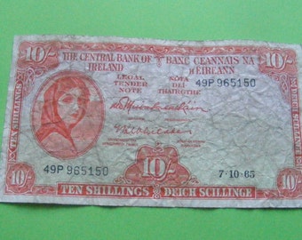 Irish 1951 Ten Shilling Banknote Lady Lavery Old Ireland 10 Note Paper Money Currency SCARCE Payable In Sterling In London Issue