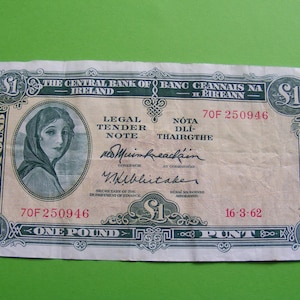 1962 Irish One Pound Banknote Irland Lady Lavery alte 1 Note Papiergeld Währung