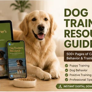 Op de afbeelding: Een digitale hondentrainingsgids met een golden retriever, een tablet en smartphone met de cover, een voerbak en een touwspeeltje. De tekst luidt DOG TRAINING RESOURCE GUIDE, 500+ Pages of Canine Behavior & Training Knowledge.