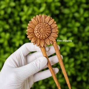 Fermaglio per capelli a forma di girasole in legno intagliato a mano / Forcina per capelli in legno fatta a mano, ferma-chignon