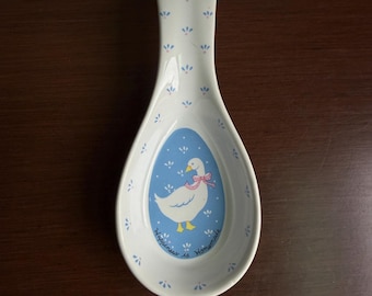 Vintage 1980s Ceramic Goose Spoon Rest – “Happiness is Homemade” Farmhouse Kitchen Decor
