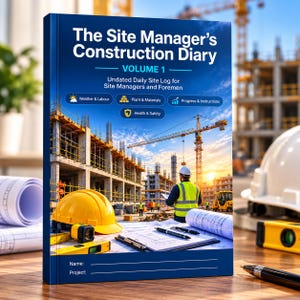Puede incluir: Un libro de tapa dura azul titulado The Site Manager's Construction Diary Volume 1. La portada muestra una obra, un casco amarillo e iconos de clima, materiales, progreso y seguridad. Incluye líneas para nombre y proyecto.