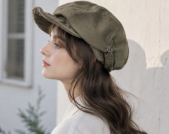 Gorra Newsboy de lino suave para mujer, boina de taxista vintage con visera, gorra retro ajustable con visera.