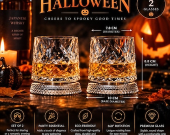 May include: A set of two clear crystal whiskey glasses with a diamond-cut pattern, each featuring a rotating base. The glasses measure 7.8 cm in diameter, 8.8 cm in height, and have a 10 cm base diameter. The text reads SIP. SPIN. CELEBRATE. HALLOWEEN.