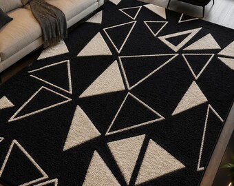 Black Geometric Area Rug, Modern Triangle Carpet, Plush Shag Rug, Scandinavian Decor, Living Room Rug, Minimalist Floor Mat