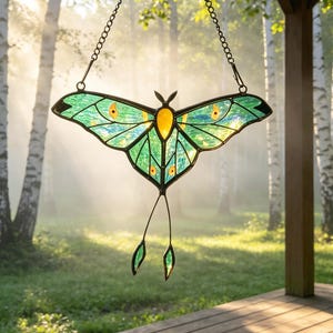 May include: A stained glass suncatcher shaped like a luna moth with translucent green wings, a yellow central body, and dark metal framing. The moth features two long, slender tail-like appendages and is suspended by a thin metal chain.