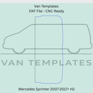 Op de afbeelding: Een digitale afbeelding met Van Templates DXF File - CNC Ready voor een Mercedes Sprinter 2007-2017+ H2. De afbeelding heeft een lichtgroene achtergrond met een donkergrijze omtrek van een bestelwagen en een blauwe lijntekening.