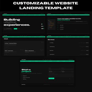 May include: A customizable website landing template featuring a dark theme with vibrant green accents. The layout displays sections for building digital experiences, work portfolios, services, and a project inquiry form with clear typography.