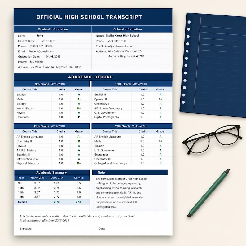 Editable High School Transcript Template, Homeschool Transcript ...
