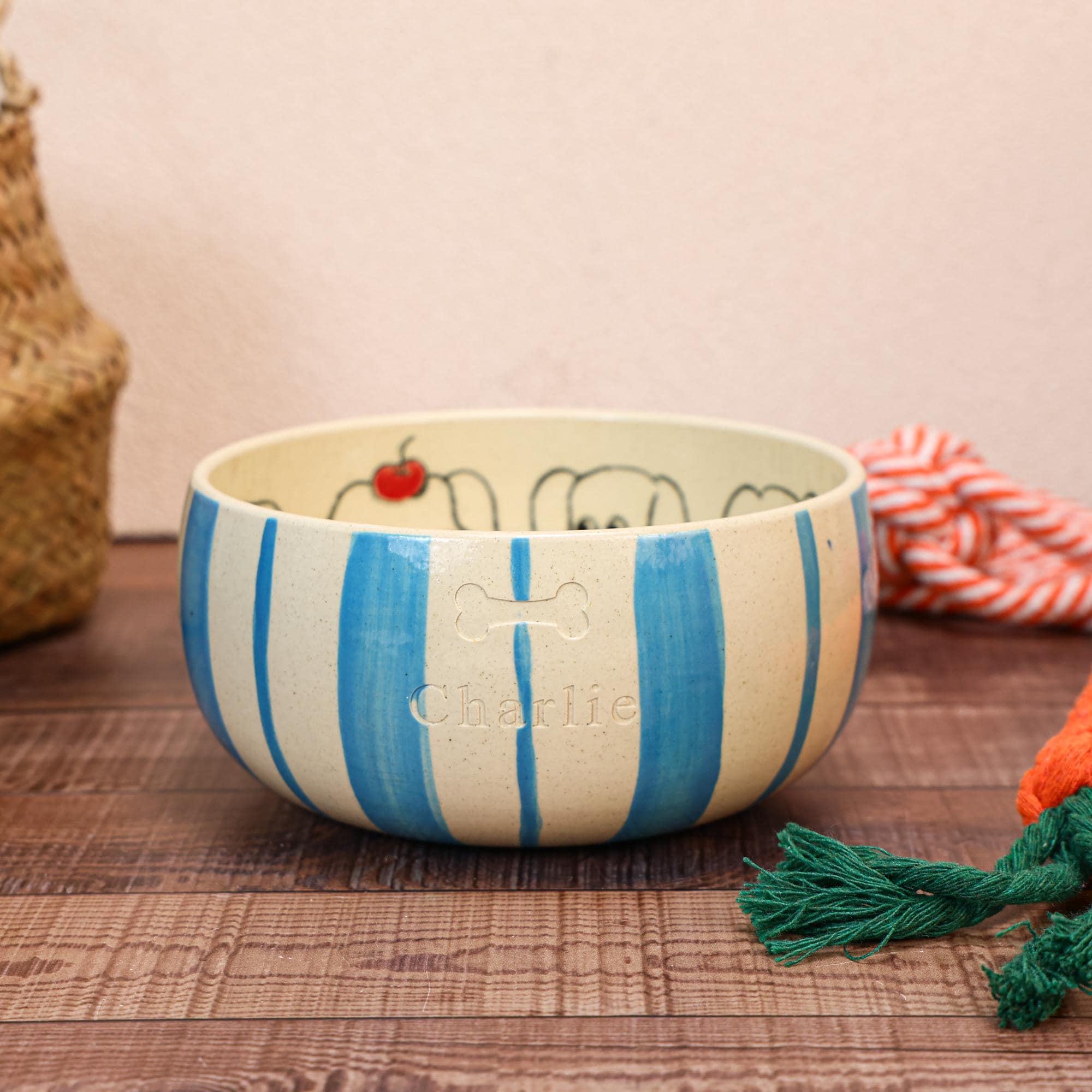Custom Blue Stripe Puppy Pet Bowl Ivory Ceramic Dog Bowl Personalized Name Cherry Inside Bone Detail Cat Dish Cottagecore Handmade Gift