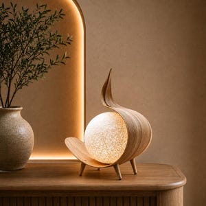 Lampada artigianale in foglia di cocco / Lampada da tavolo in stile boho balinese / Sfera in cotone naturale per un'illuminazione d'ambiente