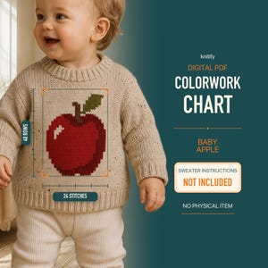 Könnte beinhalten: Ein beiger Strickpullover mit einem roten Apfelmotiv und einem grünen Blatt. Das Bild enthält den Text: knitify DIGITAL PDF COLORWORK CHART BABY APPLE, SWEATER INSTRUCTIONS NOT INCLUDED, NO PHYSICAL ITEM, 40 ROWS und 24 STITCHES.