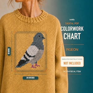 May include: A digital PDF colourwork chart featuring a pigeon design on a mustard yellow knitted sweater. The chart indicates 50 rows and 30 stitches. Text includes "knitify", "DIGITAL PDF", "COLOURWORK CHART", "PIGEON", and "SWEATER INSTRUCTIONS NOT INCLUDED".