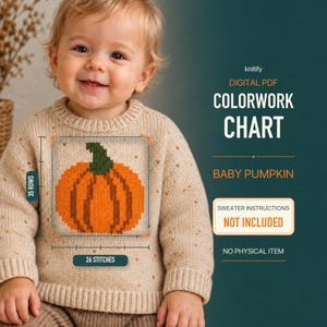May include: A digital PDF colourwork chart for a baby pumpkin design, featuring a pixelated orange pumpkin with a green stem. The chart includes labels for 35 rows and 26 stitches. Text reads: knitify, DIGITAL PDF, COLOURWORK CHART, BABY PUMPKIN, SWEATER INSTRUCTIONS NOT INCLUDED, NO PHYSICAL ITEM.