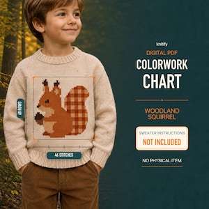 Könnte beinhalten: Eine digitale PDF-Farbmuster-Vorlage für ein Waldhörnchen-Design auf einem beigen Strickpullover. Das Diagramm zeigt 60 Reihen und 46 Maschen an. Der Text umfasst 'knitify', 'DIGITAL PDF', 'COLORWORK CHART', 'WOODLAND SQUIRREL', 'SWEATER INSTRUCTIONS NOT INCLUDED' und 'NO PHYSICAL ITEM'.