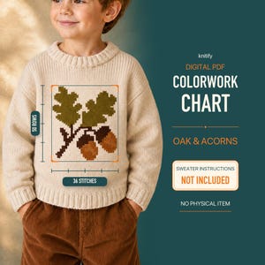 Puede incluir: Un patrón de tejido digital en PDF con un diseño de hojas de roble y bellotas. El gráfico muestra 50 filas y 36 puntos. El texto incluye knitify, DIGITAL PDF, COLORWORK CHART, OAK & ACORNS, SWEATER INSTRUCTIONS NOT INCLUDED, NO PHYSICAL ITEM.