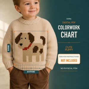 Könnte beinhalten: Eine digitale PDF-Strickschrift für ein Welpenmotiv, die einen beigen Pullover mit einer braun-roten Hundegrafik zeigt. Die Strickschrift gibt 50 Reihen und 40 Maschen an. Text: knitify, DIGITAL PDF, COLORWORK CHART, CUTE PUPPY, NOT INCLUDED.