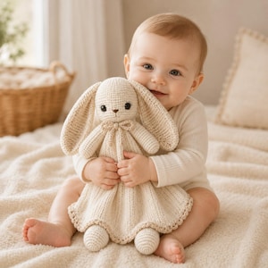 May include: A cream-colored crochet bunny lovey featuring long floppy ears, embroidered dark eyes, a small brown nose, and a decorative bow at the neck. The body consists of a soft, textured blanket-like skirt with a scalloped edge and two small feet.