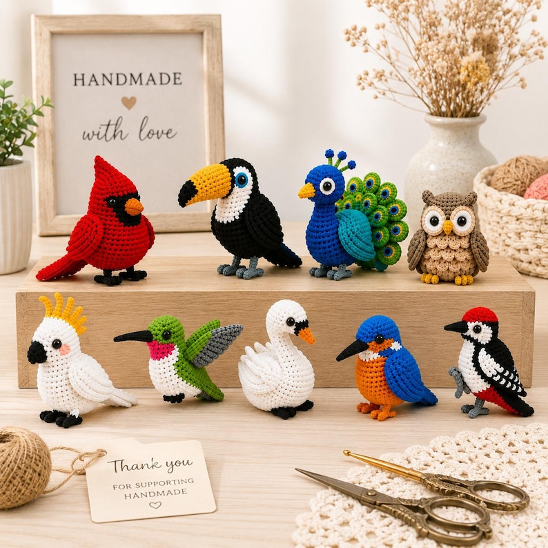 Zestaw 9 wzorów na szydełkowe ptaki, pluszowa zabawka amigurumi w formacie PDF (do pobrania w wersji cyfrowej) zdjęcie 3