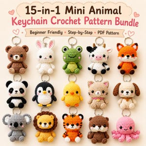 15 llaveros de animales de ganchillo en PDF, paquete de patrones de amigurumi de ganchillo, patrones de mini animales de ganchillo gratis, adornos para bolsos (descarga digital)