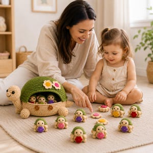 May include: A large crochet turtle storage container with a green shell and tan body, featuring two brown buttons on the front. The turtle shell holds several small, matching crochet turtle figurines, each holding a colorful crocheted flower.