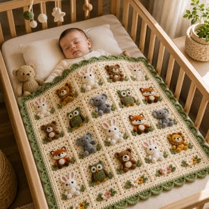 Può includere: Una coperta per neonati all'uncinetto color crema con una griglia di pannelli quadrati, ognuno decorato con un motivo di animale di peluche tridimensionale tra cui orsi, conigli, volpi, gufi, elefanti e un leone, con un bordo verde smerlato.